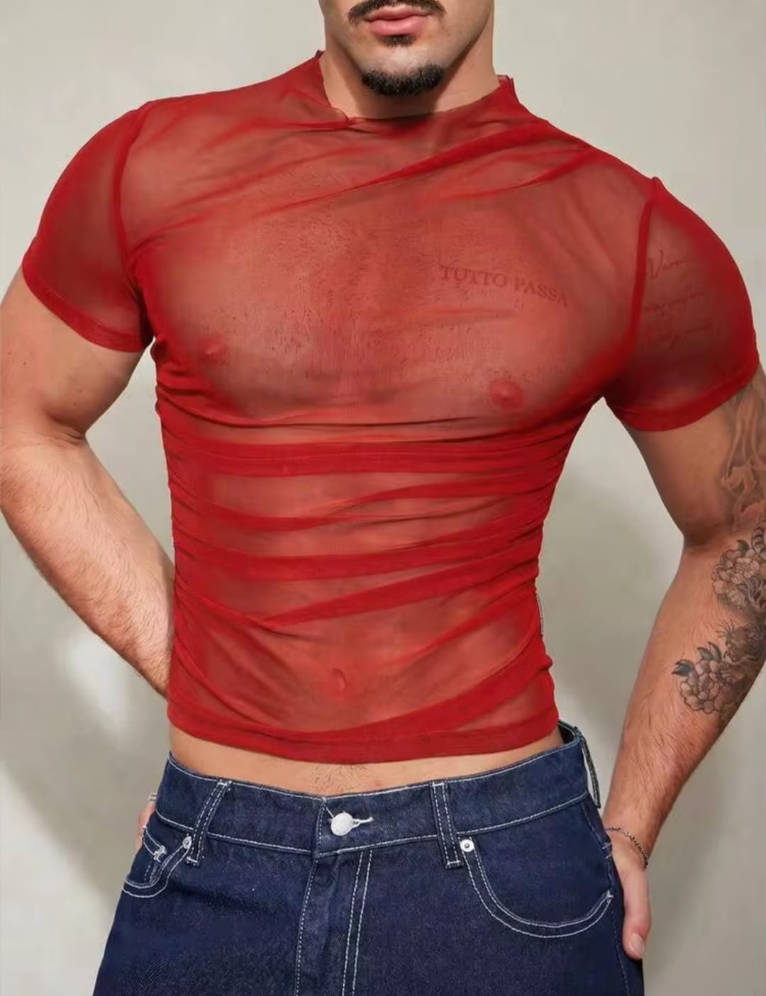 Men's Red Sheer Mesh Short Sleeve Muscle Fit Ruched T-Shirt